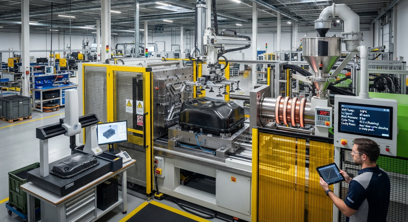 Injection Molded Short Carbon Fiber Reinforced Polymers: Mechanical Properties and Warpage Control for Mass Production