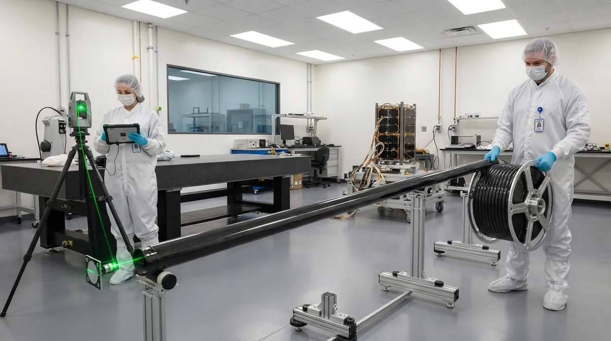 Carbon Fiber Deployable Booms for Satellites: Thin-Wall Rollable Structures, Thermal Stability, and Stowed Volume